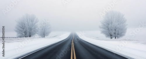 Winter road through fog and snow creates a serene and quiet atmosphere in rur...