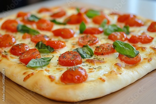 Fresh tomato and basil pizza on cooling rack after baking in kitchen oven