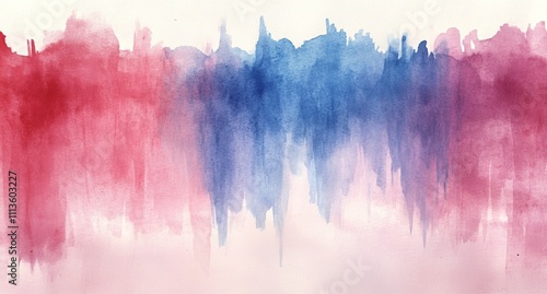 Abstract watercolor artwork featuring vibrant red and blue hues with soft ble...