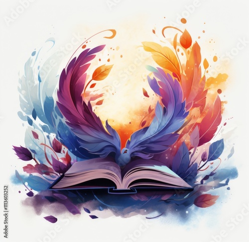 Colorful artwork of an open book with vibrant feathers and paint splashes in ...