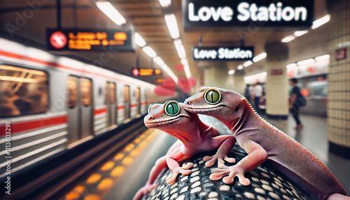 Wallpaper Mural Two gecko lizards in love on the subway. An illustration for Valentine's Day. Love is everywhere, love for everyone.  Torontodigital.ca