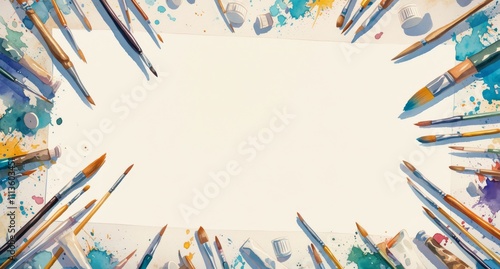 Colorful art supplies surround a blank canvas in a creative workspace filled ...
