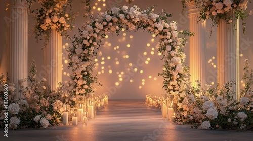 Elegant floral wedding arch surrounded by candles in a romantic venue setting