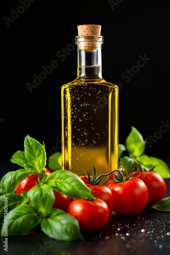 Artisanal Olive Oil Bottle Surrounded by Fresh Tomatoes and Basil Leaves on Dark Background