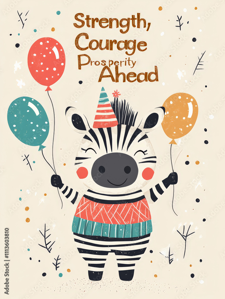 Charming New Year Illustrations with joyful zebra wearing festive outfits, holding balloons and party hats: Cute Holiday Designs for Cards, Wallpapers, T-shirts, Posters & Decor Charming New Year Illustrations with joyful zebra wearing festive outfits, holding balloons and party hats: Cute Holiday Designs for Cards, Wallpapers, T-shirts, Posters & Decor