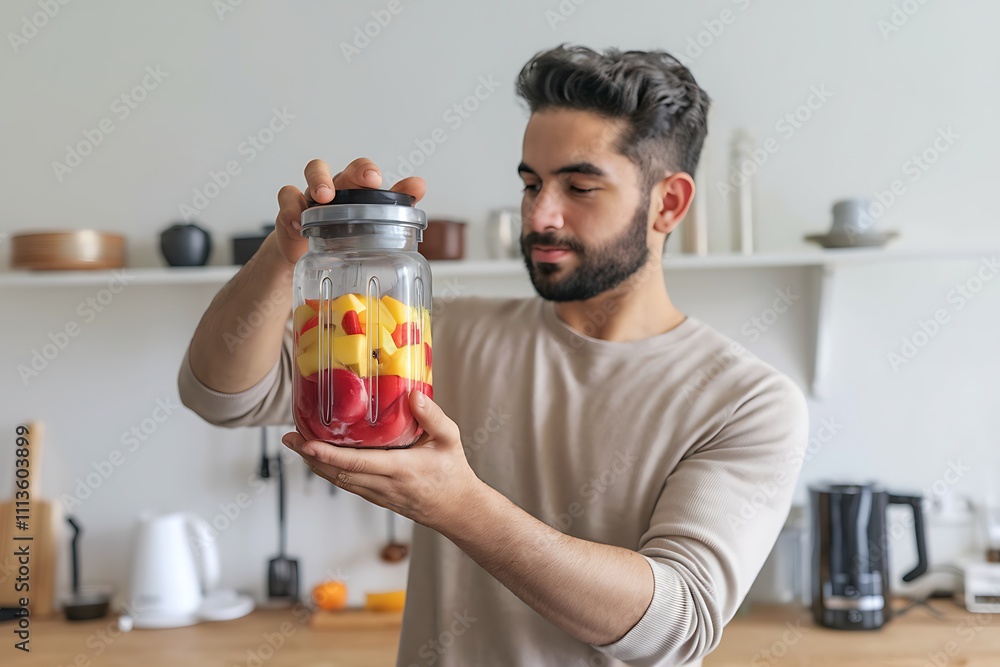 Man holding a jar of sliced fruit preparing a smoothie Man holding a jar of sliced fruit preparing a smoothie