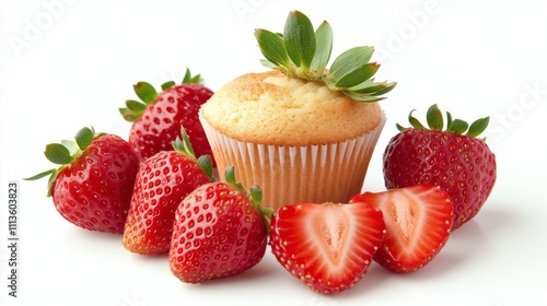 Fresh strawberries arranged around a cupcake on a decorative plate in a vibra...