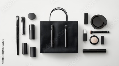 Stylish black cosmetic collection arranged artistically on a flat surface