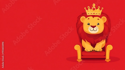 A cute cartoon lion king sits on a throne. photo