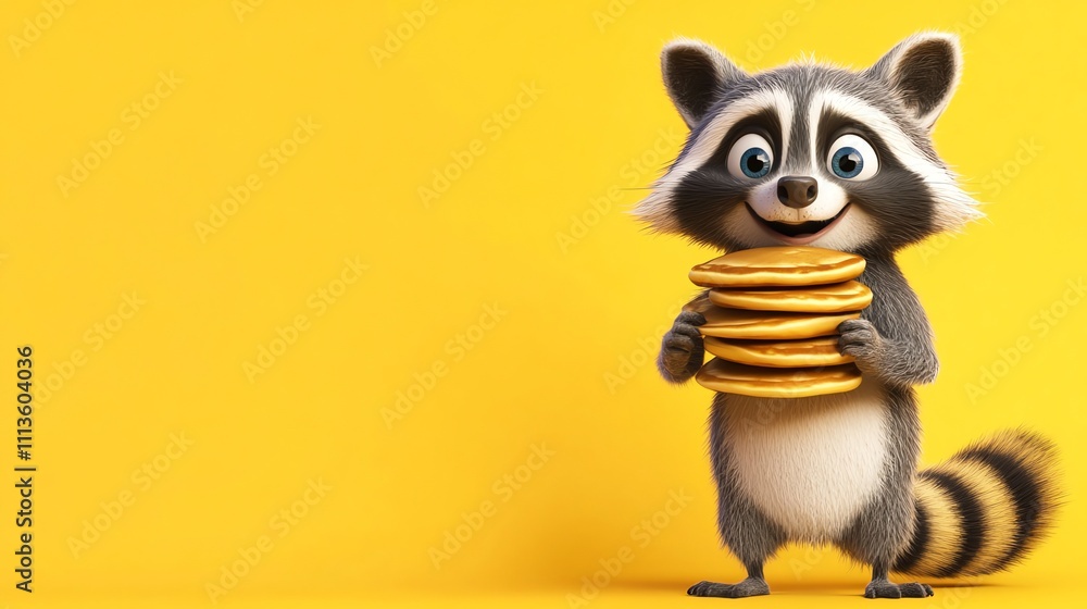 Fototapeta premium A cute cartoon raccoon holding a stack of pancakes against a yellow background.