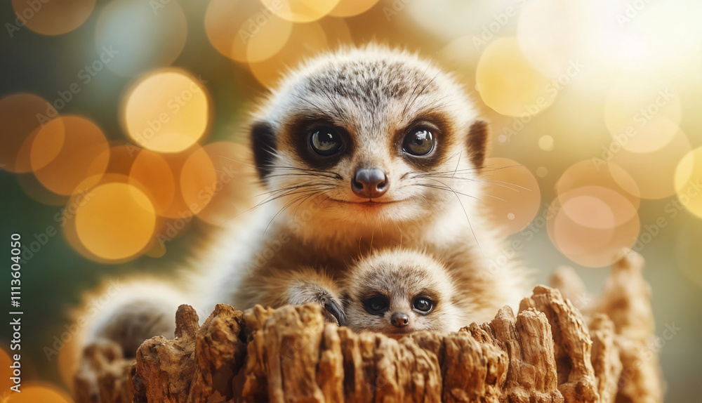 Two adorable meerkats sitting atop a tree stump, with soft bokeh and golden light in the background Two adorable meerkats sitting atop a tree stump, with soft bokeh and golden light in the background