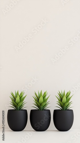 Three green plants in modern black pots arranged on a light background for de...