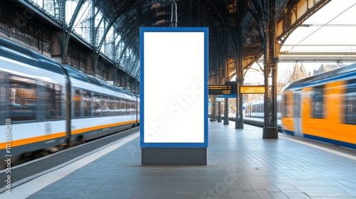 Train speeds past a empty advertisement board at a bustling city station duri...