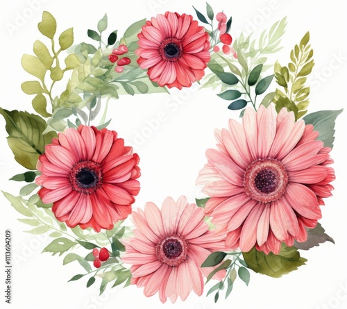 Blooming pink flowers with green leaves arranged beautifully in a watercolor ...
