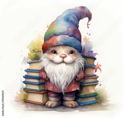 Adorable gnome standing beside colorful stacks of books in a whimsical garden...