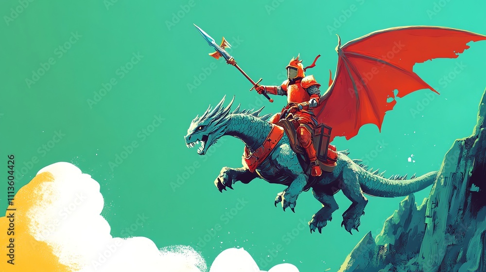 Naklejka premium A knight in red armor rides a dragon through the sky.