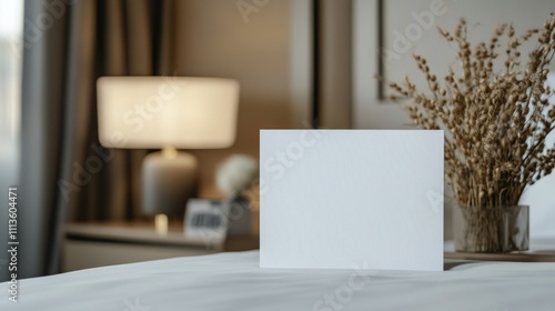 Elegant bedroom setting with a blank card and decorative dried flowers on the...
