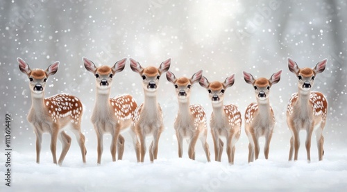 Four fawns walking through snowy landscape during winter season