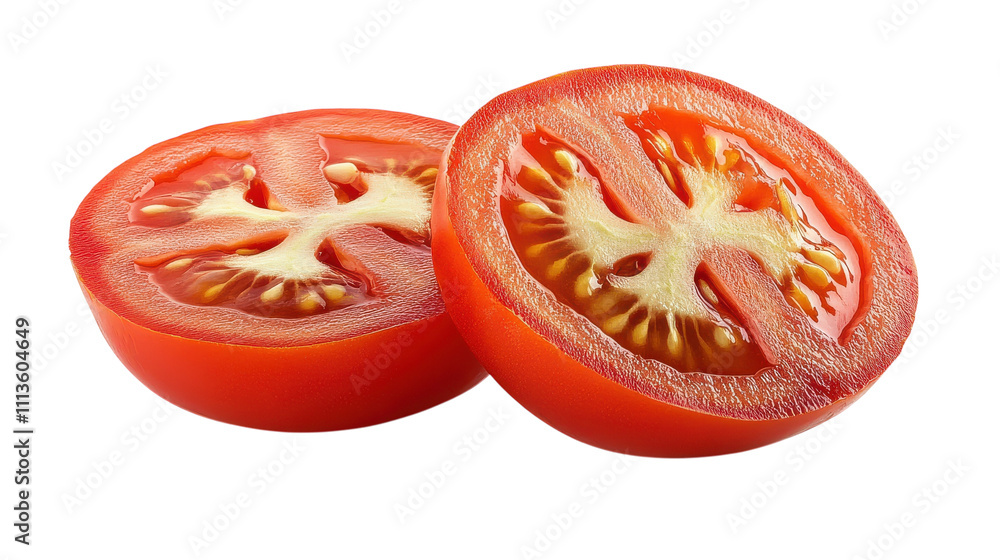 Bright red tomatoes are cut in half, revealing their succulent juicy inside. The smooth skin and perfect seeds highlight their freshness, perfect for salads or sauces Bright red tomatoes are cut in half, revealing their succulent juicy inside. The smooth skin and perfect seeds highlight their freshness, perfect for salads or sauces
