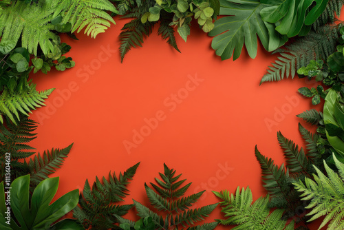 Wallpaper Mural Tropical green leaves framing an orange background. Torontodigital.ca