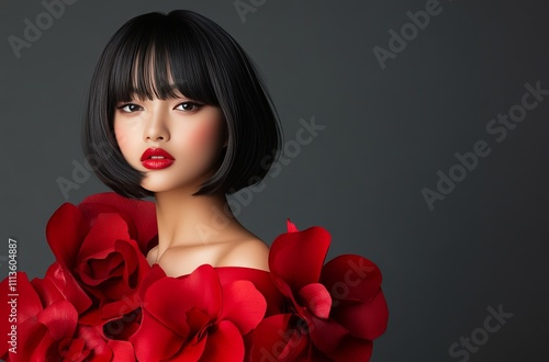 Elegant model showcasing striking red floral fashion against a dark backdrop
