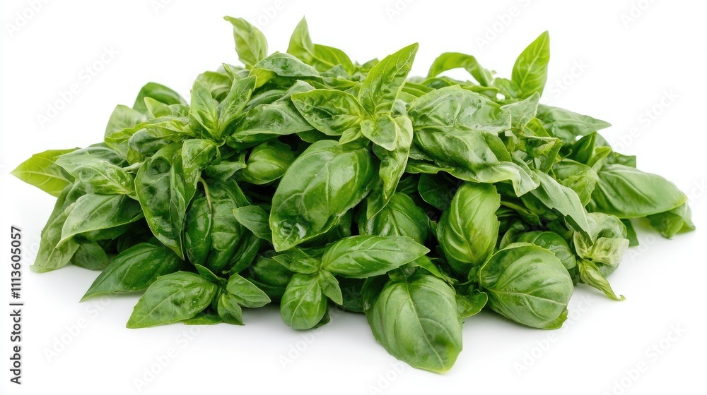 Fresh Green Basil Leaves Pile Isolated on White Background Fresh Green Basil Leaves Pile Isolated on White Background