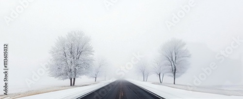 Winter road through fog and snow creates a serene and quiet atmosphere in rur...