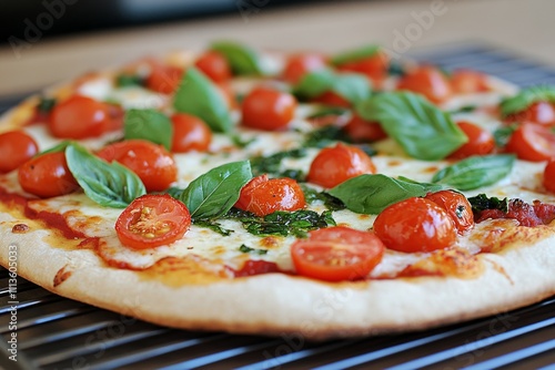 Fresh tomato and basil pizza on cooling rack after baking in kitchen oven