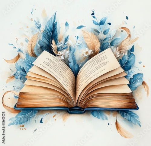 Colorful illustration showcasing an open book with floating feathers in a dre...