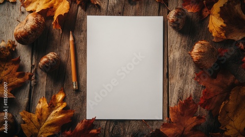 Blank paper with autumn leaves and nuts arranged on wooden table at cozy setting