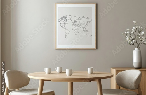 Modern dining area with a minimalist design featuring a round wooden table an...
