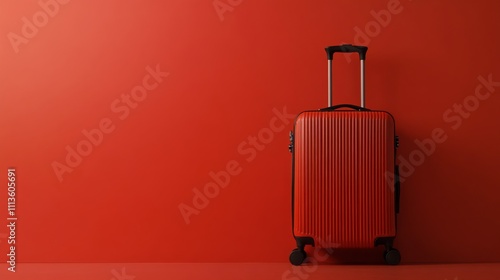 Red suitcase stands alone against a bright red background, suggesting travel ...