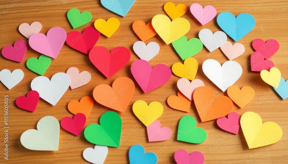 Multicolored paper hearts scattered on a wooden table surface Multicolored paper hearts scattered on a wooden table surface