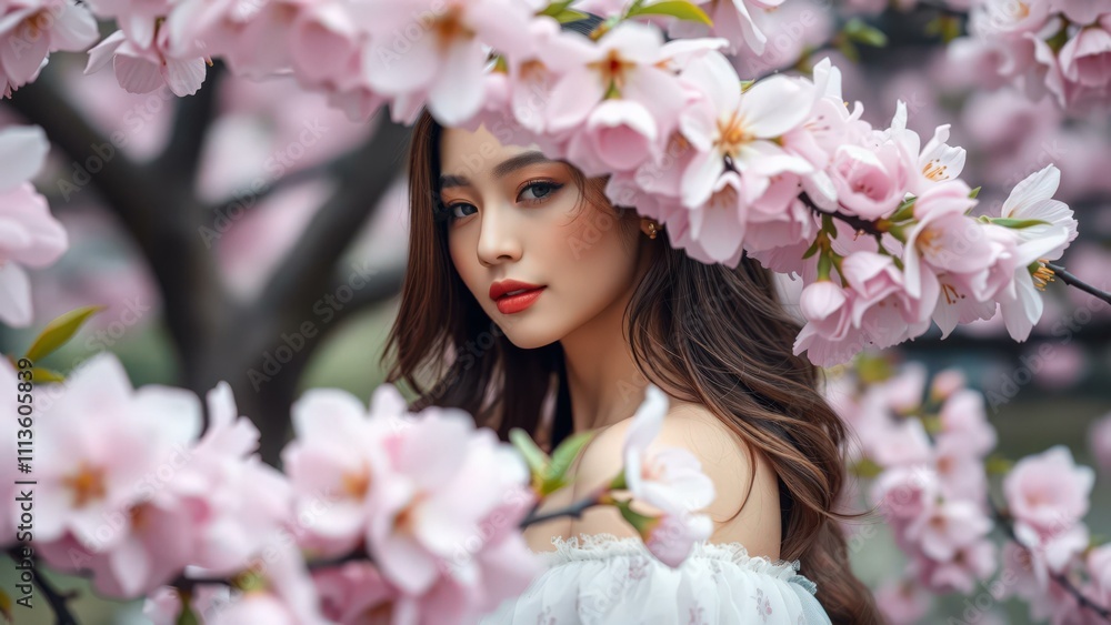 Elegant Woman in Cherry Blossom Garden, Perfect for Spring Decor, Wall Art, or Greeting Cards Elegant Woman in Cherry Blossom Garden, Perfect for Spring Decor, Wall Art, or Greeting Cards