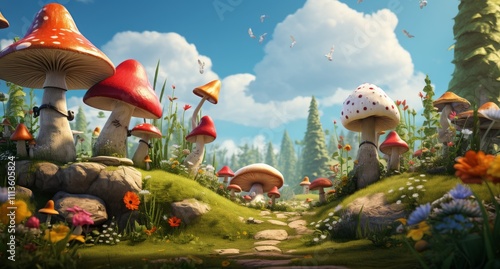 Whimsical adventure through a vibrant mushroom landscape with children during...