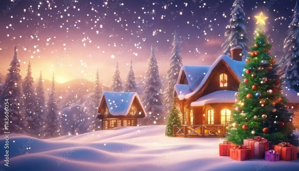 Snowy cabin scene with Christmas tree and gifts, under a starry winter sky Snowy cabin scene with Christmas tree and gifts, under a starry winter sky