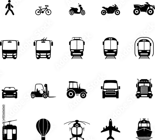 Air, Auto, Railway Transport Silhouette Icon Set. Public Transport Glyph Pictogram. Car, Bike, Motorbike, Quad bike, Scooter, Truck, Bus, Tram, Train, Metro, Ship, Plane, Icon. Isolated