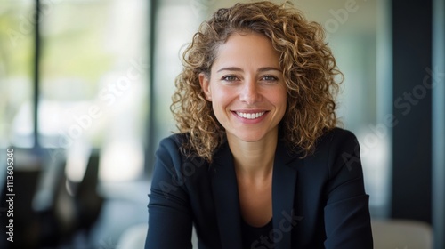 Business professional with curly hair smiles confidently in modern office set...