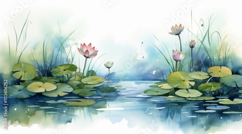 Tranquil water lilies float on a serene lake surrounded by lush greenery and ...