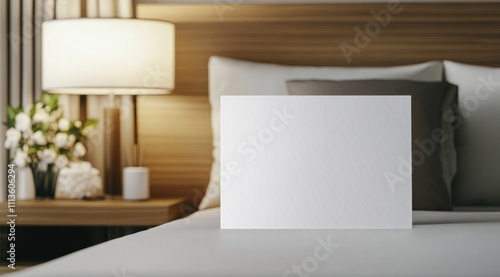 White blank canvas placed on a neatly made bed in a modern hotel room during ...
