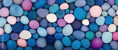 Colorful pebbles arranged artistically on a surface create an abstract art piece