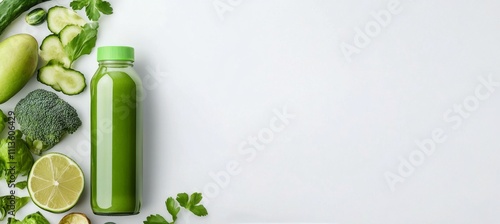 Fresh green juice with assorted vegetables and fruits displayed on a clean su...