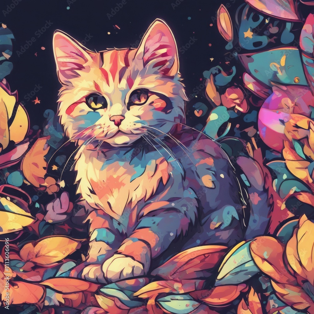 Colorful artistic illustration of a cat surrounded by vibrant leaves and flowers Colorful artistic illustration of a cat surrounded by vibrant leaves and flowers