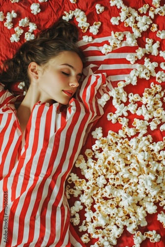 Fresh popcorn spills from striped bag on a textured surface during a movie night
