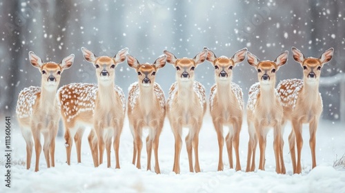 Winter gathering of white deer in a snowy forest landscape