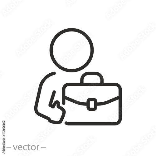man with briefcase icon, unemployed, job search or vacancy, workplace, office worker, thin line symbol on white background - vector illustration