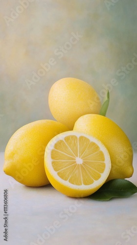 Fresh lemons arranged with leaves on a soft background showcasing natural col...