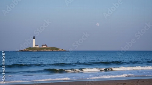 Serene Coastal Sunset with Lighthouse and Moonlit Waves, Perfect for Calming Wall Art or Home Decor