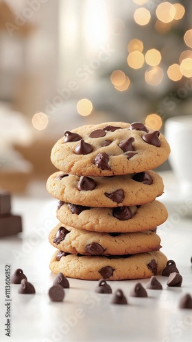 Soft chocolate chip cookies stacked on a table with festive decorations in th...