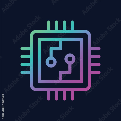Microchip line icon. CPU, central processing unit, computer processor, and chip symbol in a circl. Abstract technology logo. Simple round icon isolated on black background. Creative modern vector logo